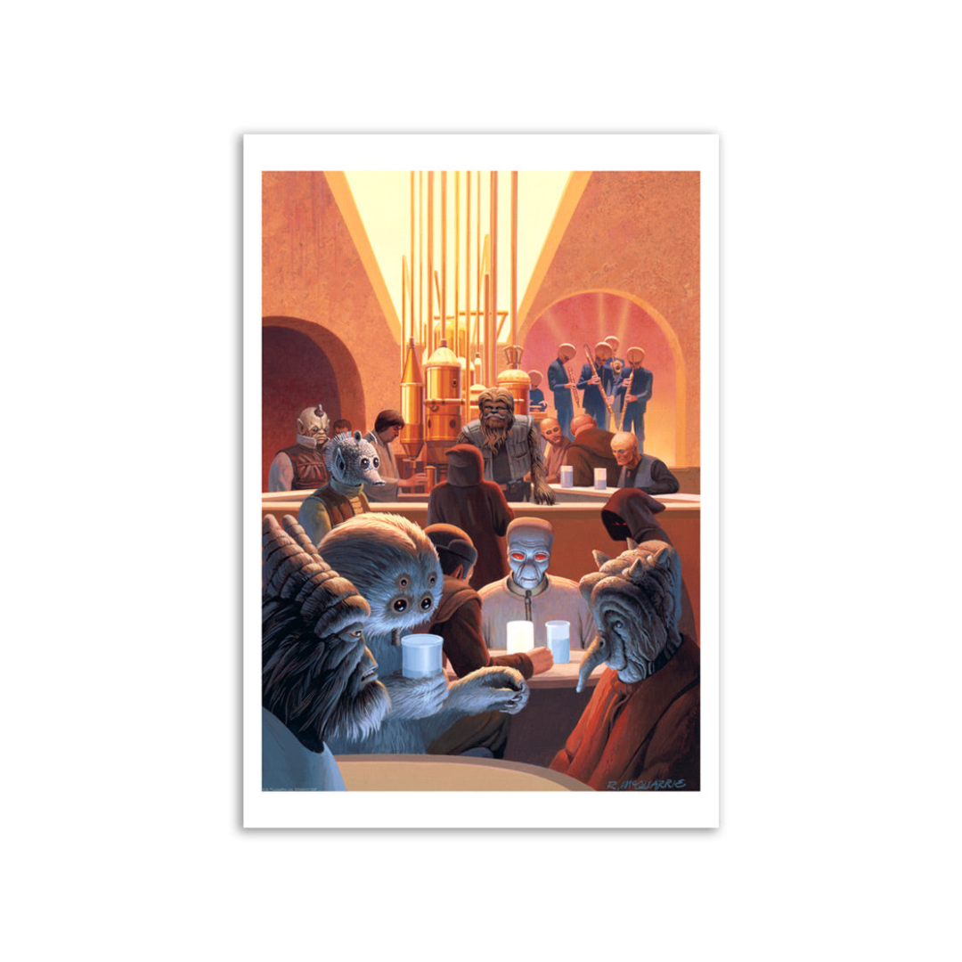A vertical art print featuring a sci-fi scene with humanoid aliens and figures in a warm, orange-lit interior, shown centered on a white background.