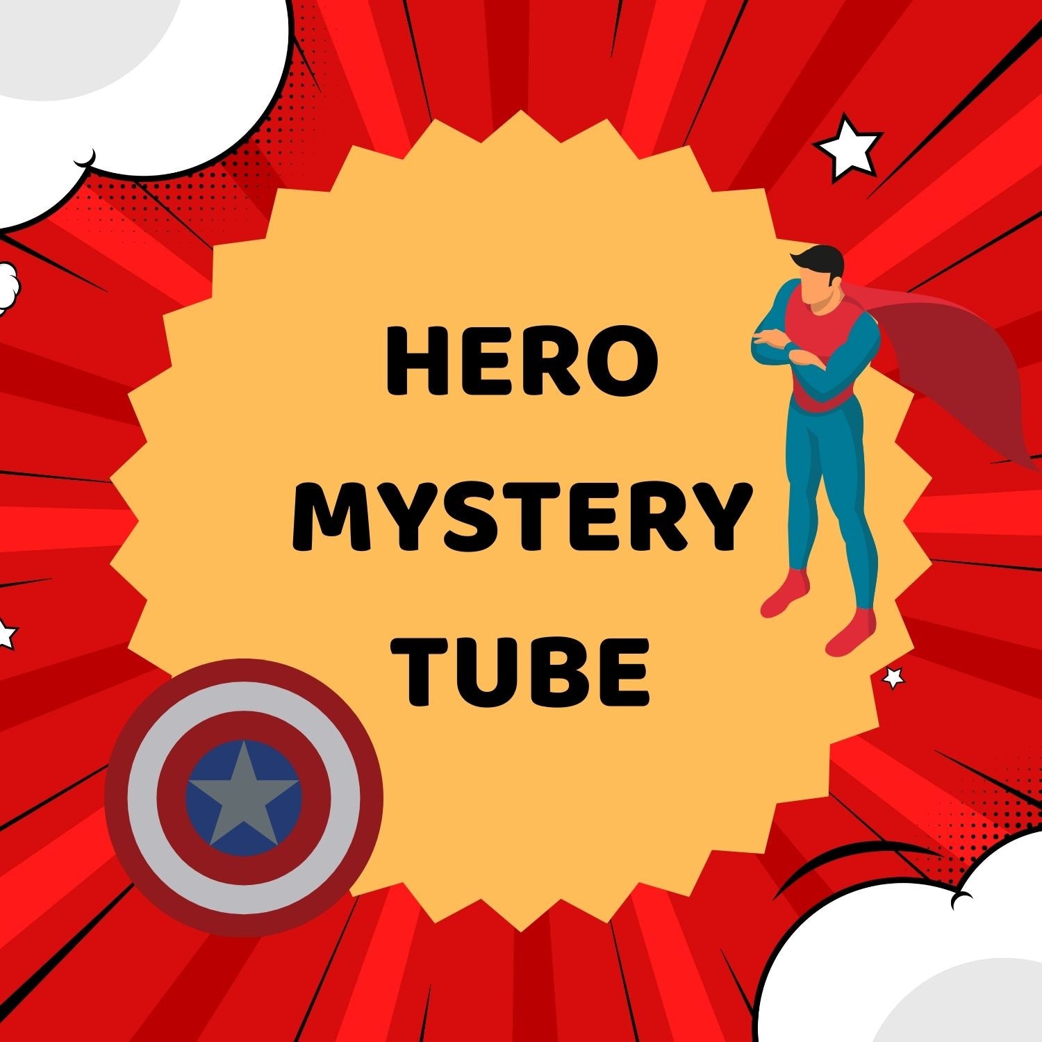 Superhero character with 'Hero Mystery Tube' text on a red and yellow background