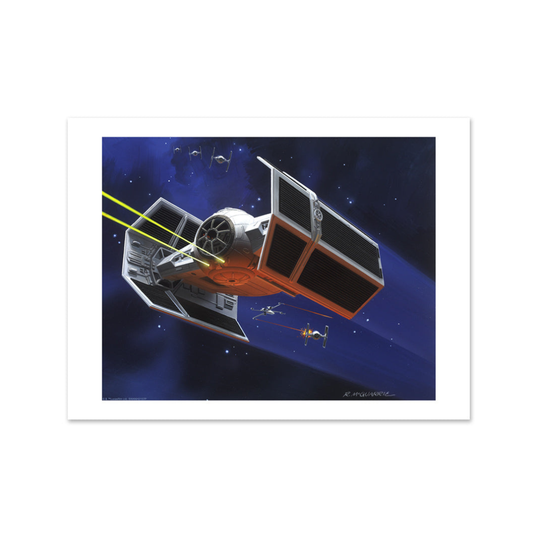 A framed art print featuring a Star Wars illustration of a TIE fighter spacecraft in deep space, with yellow laser beams and small X-wings against a dark blue starfield background.
