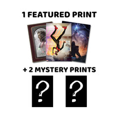 Promotional graphic for a print offer with three featured prints and two mystery prints indicated by question marks.