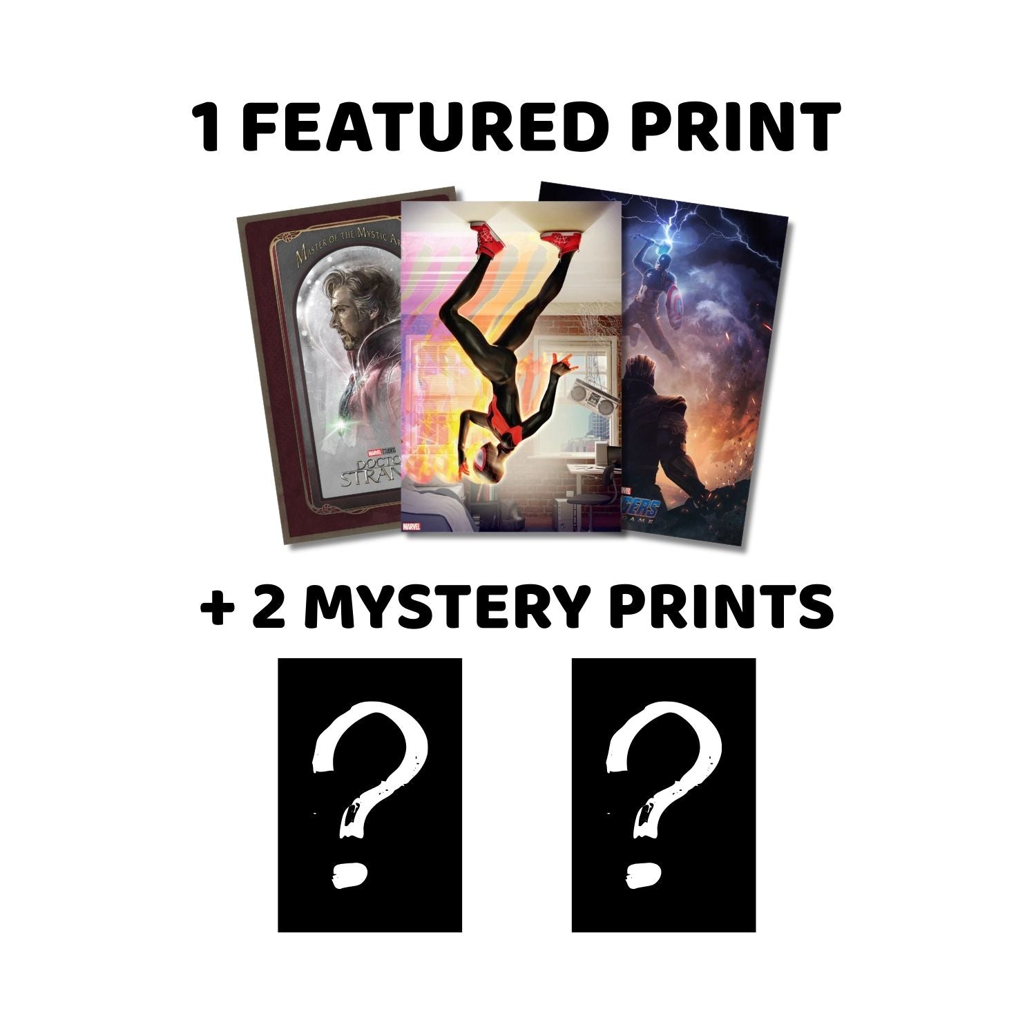 Promotional graphic for a print offer with three featured prints and two mystery prints indicated by question marks.