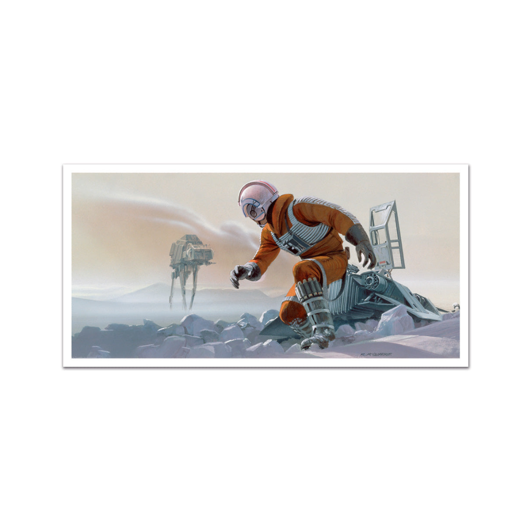 A horizontal art print depicting a Star Wars scene with a character in an orange spacesuit crawling over rocky terrain, with an AT-AT walker in the background, shown with a white border on a white background.